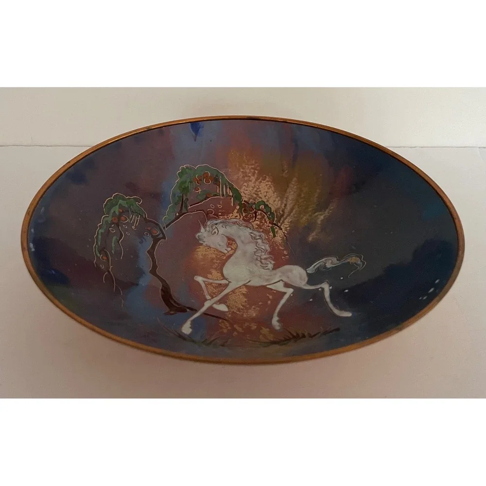 Sagitta Holland Enamel Copper Bowl White Horse Unicorn Celestial Fairy MCM 7.75